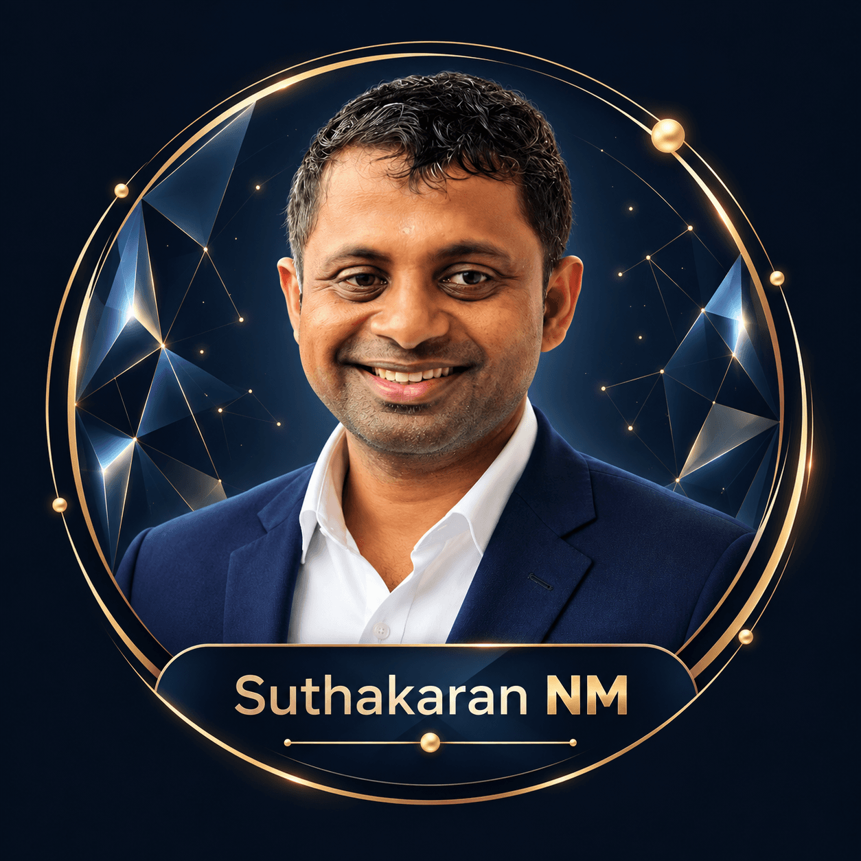 Suthakaran NM personal brand logo: illustrated portrait with navy and gold emblem